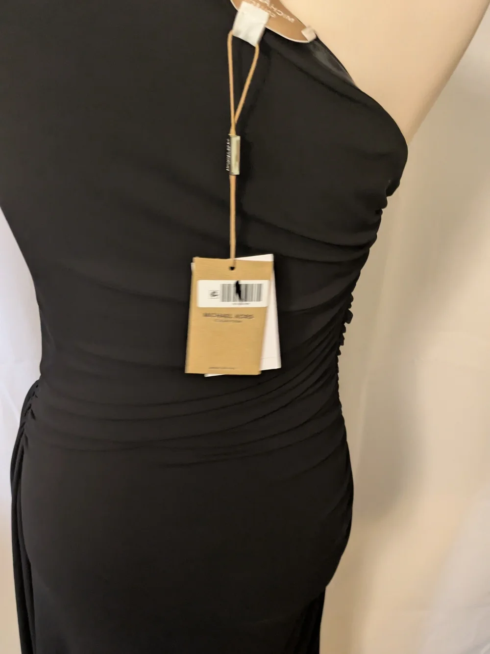 Michael Kors One-Shoulder Black Ruched Gown with Shoulder Hardware
